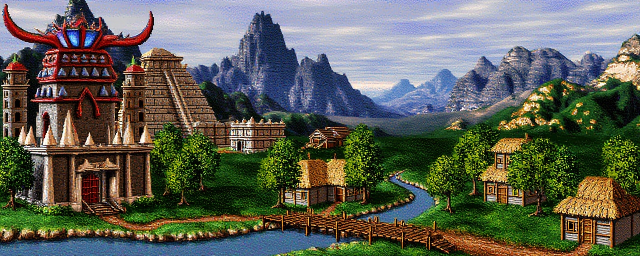 Original HoMM2 style town screen depicting a fantasy witch town set against a backdrop of lush jungle wetland in front of...