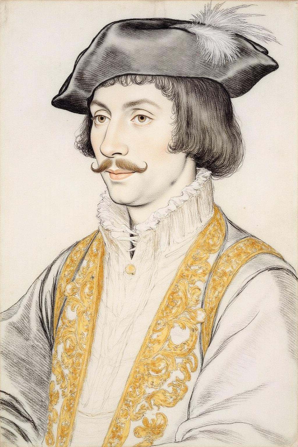 hansho1 monochromatic pencil drawing,  portrait of a dashing young man dressed in elaborate 17th-century attire,  inspired...