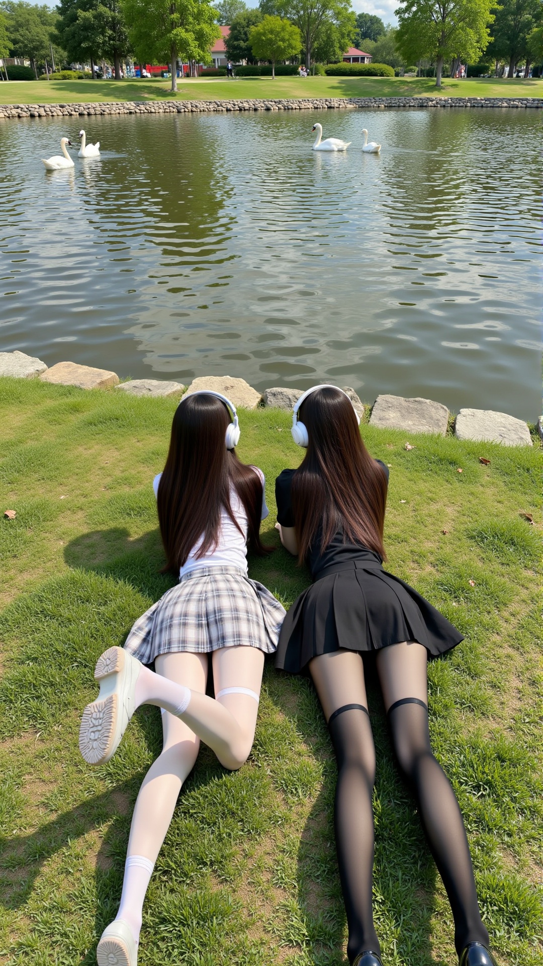 prone_girl,Two girls lying prone next to each other on grass by a pond in a sunny park,one girl wearing white tops,white plaid skirts,white headphones,white tights and white shoes,one girl wearing black tops,black pleated skirt,black tights,black headphones and black shoes,There are two white swans on the water surface in the distance.,