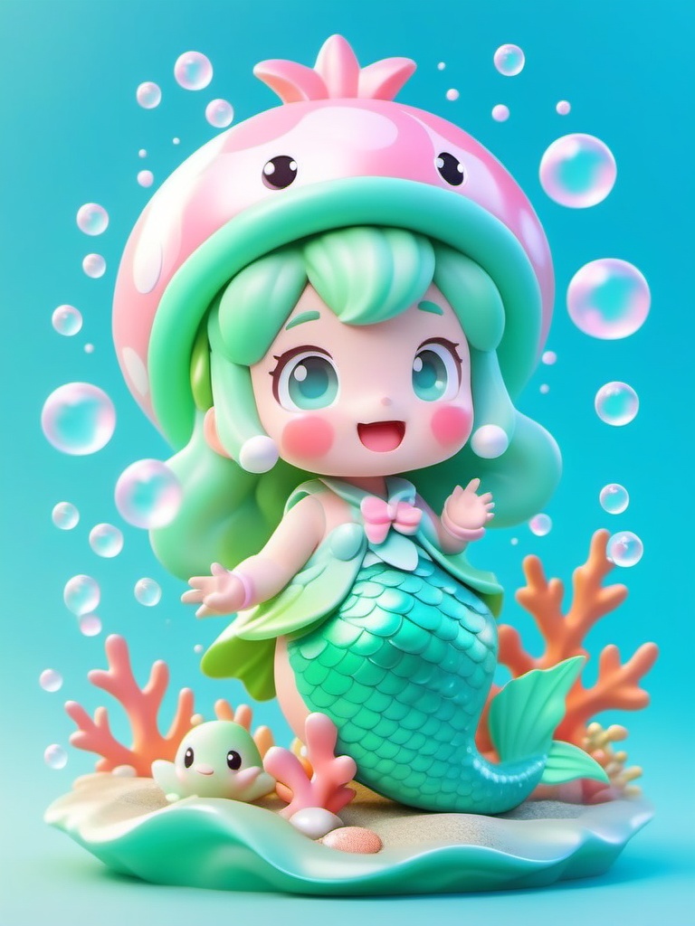 manghe,c4d,A colorful,whimsical 3D CGI illustration of a cute,chibi-style mermaid girl with mint-green hair and tail. She rocks a pink seashell hat with a snazzy seashell brooch. Her outfit is a pastel-colored,seashell-patterned dress with matching green boots. The background is a soft blue gradient,with floating bubbles and seaweed-like bits scattered around,giving off an underwater vibe. The girl's face is adorable with big,expressive eyes,rosy cheeks,and a cheerful grin,exuding a playful and charming aura.,,<lora:manghe_v1-000010:0.8>