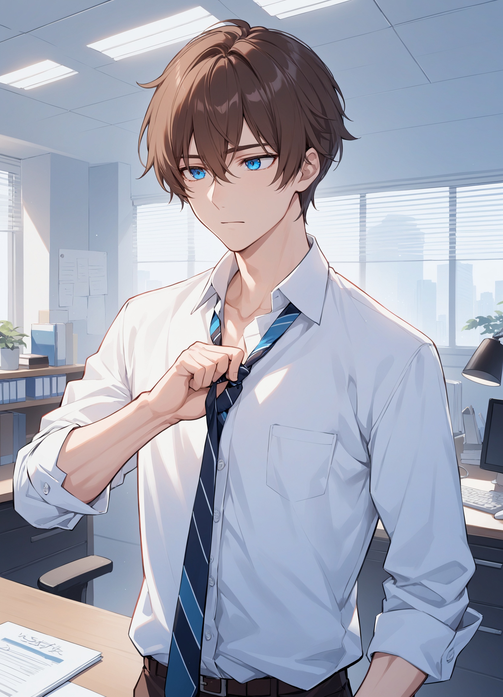 anime style man, short brown hair, bright blue eyes, wearing a loose button up shirt and crooked tie, handsome, he is tugging at his tie, the background is his office