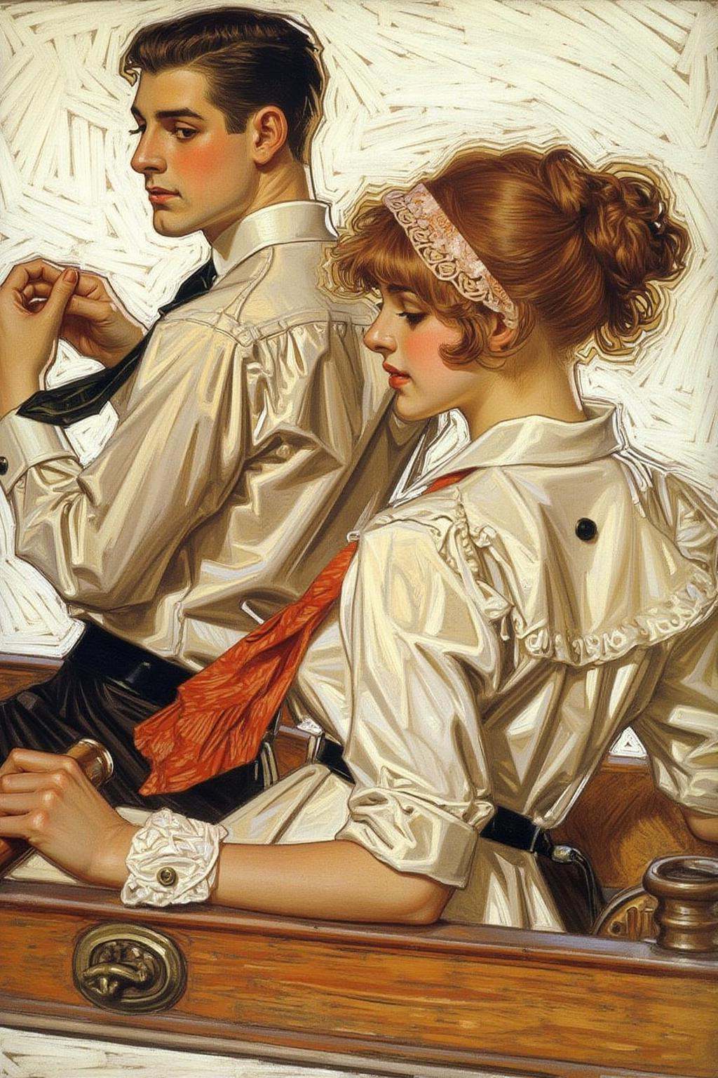 jcleyen1 painting.A young man and a young woman in a boat in the 1920s. We see the back view of the woman,  who is turning...