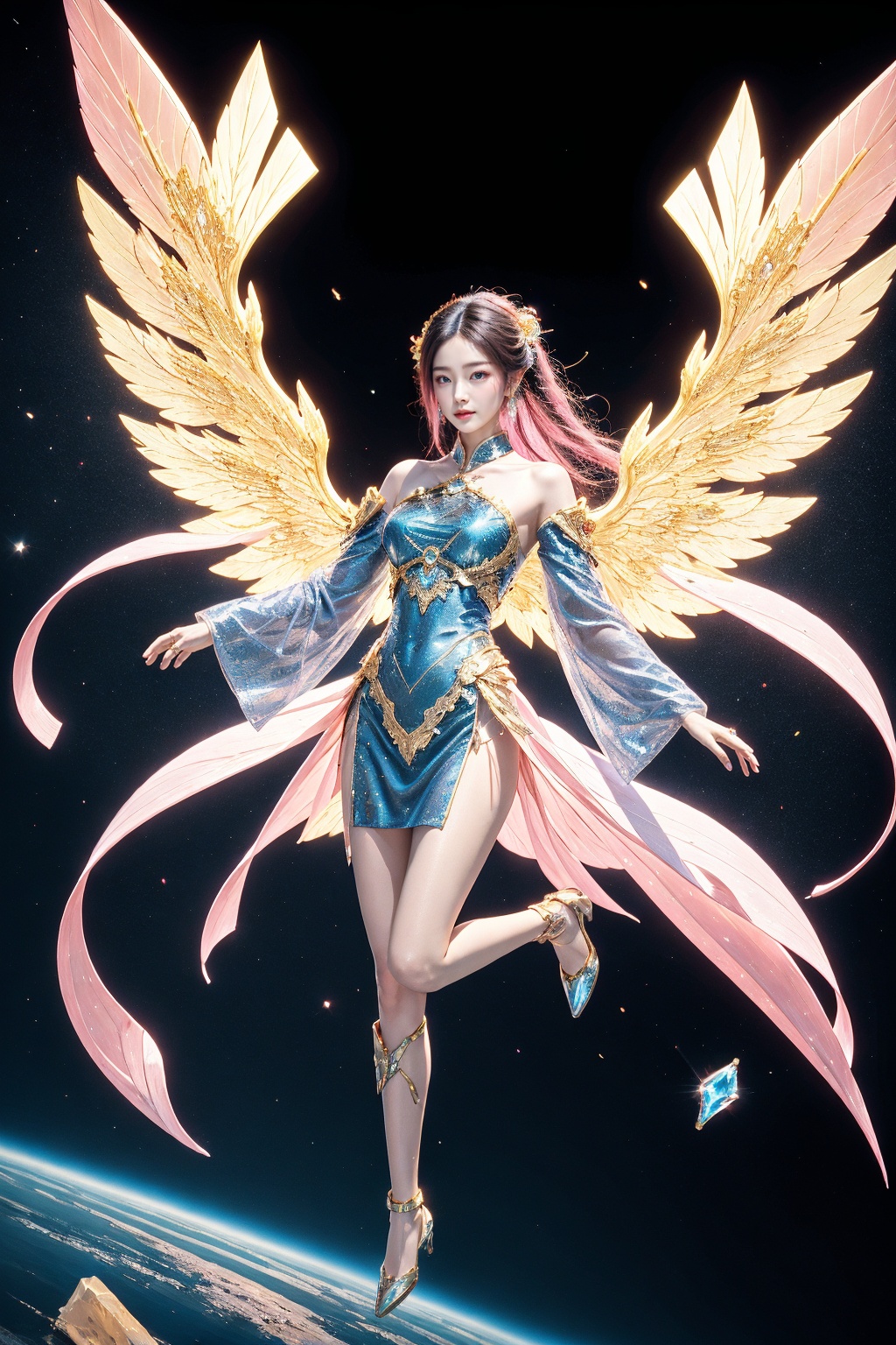 1girl, see-through pink chinese clothes, off-shoulder dress, cyborg, gem cyber, solo, and flowing hair, armored, bodysuit, glowing, wings, outdoors, thighs, gem, gradient, mirror fragment, gem fragment, (flying on sky:1.2), space,