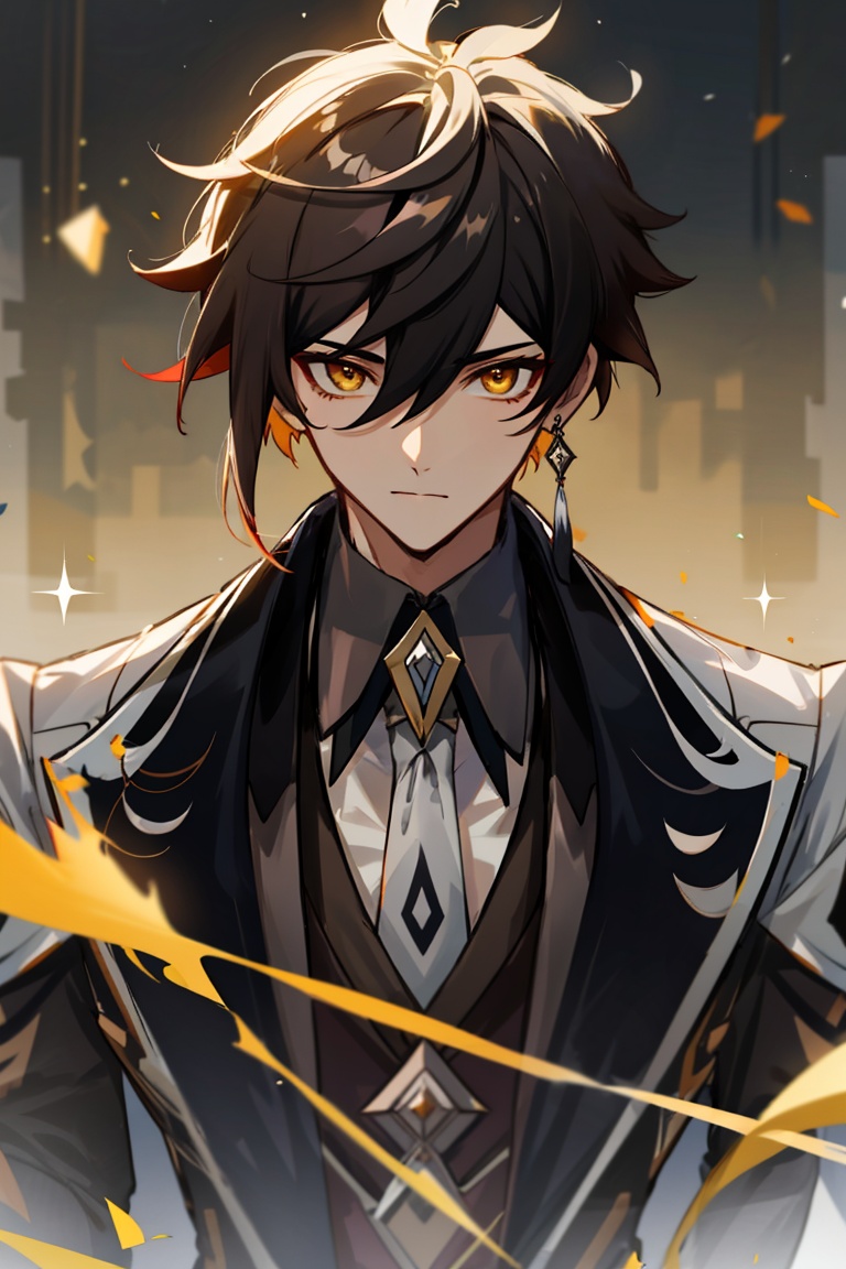 <lora:output_zhongli:0.6>,1boy,male focus,zhongli (genshin impact),solo,gloves,long hair,brown hair,black gloves,jewelry,single earring,hair between eyes,earrings,bangs,long sleeves,tassel,jacket,ponytail,yellow eyes,multicolored hair,necktie,tassel earrings,collared shirt,blurry,looking at viewer,gradient hair,formal,black hair,shirt,suit,