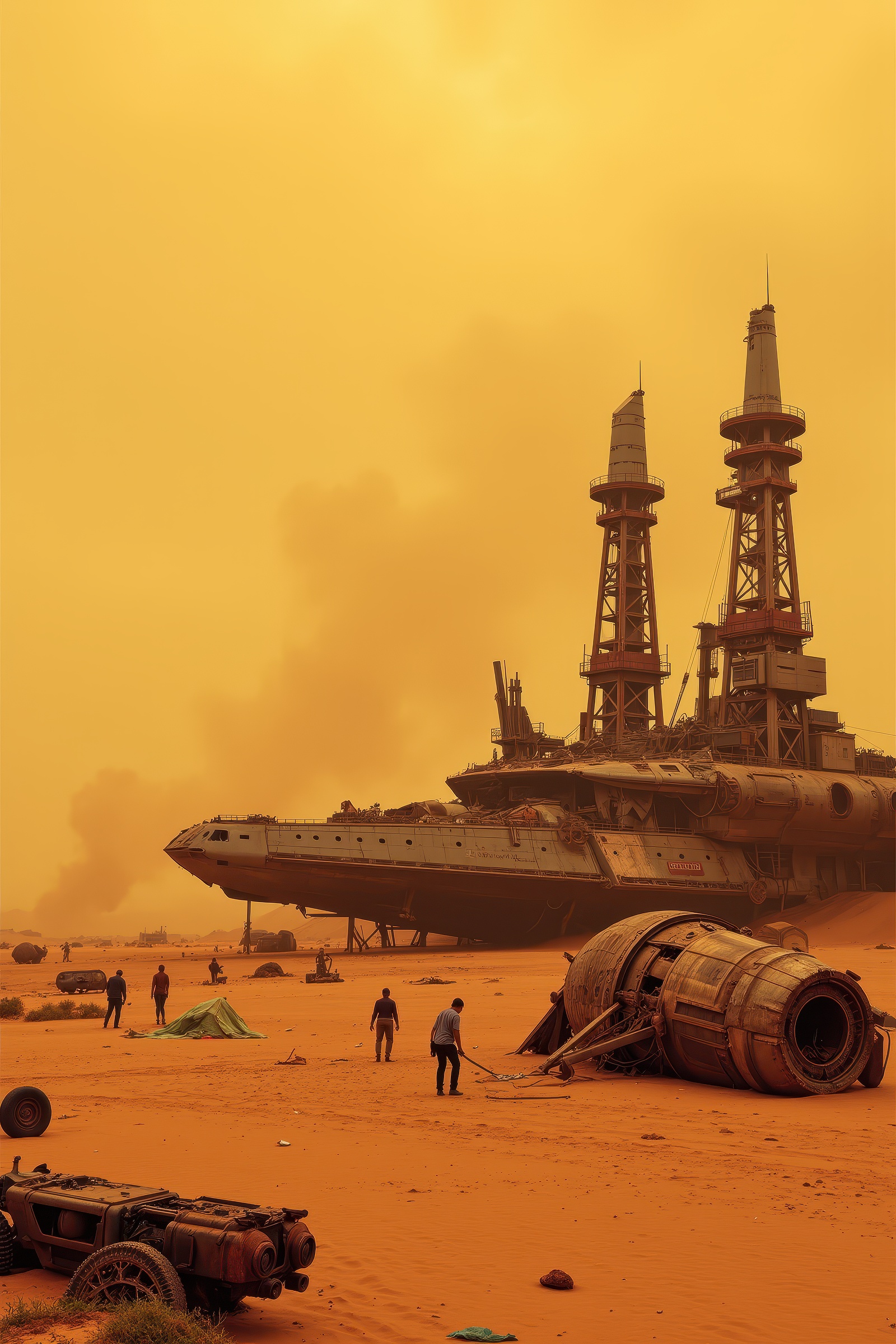 A desert wasteland strewn with the skeletal remains of colossal starships,  rusted hulls half-buried in dunes,  scavengers...