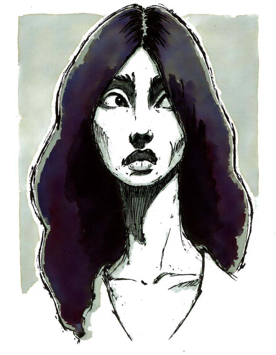 ink watercolor,  Create a portrait of a woman with long,  flowing hair using an ink watercolor style. Her face should be d...