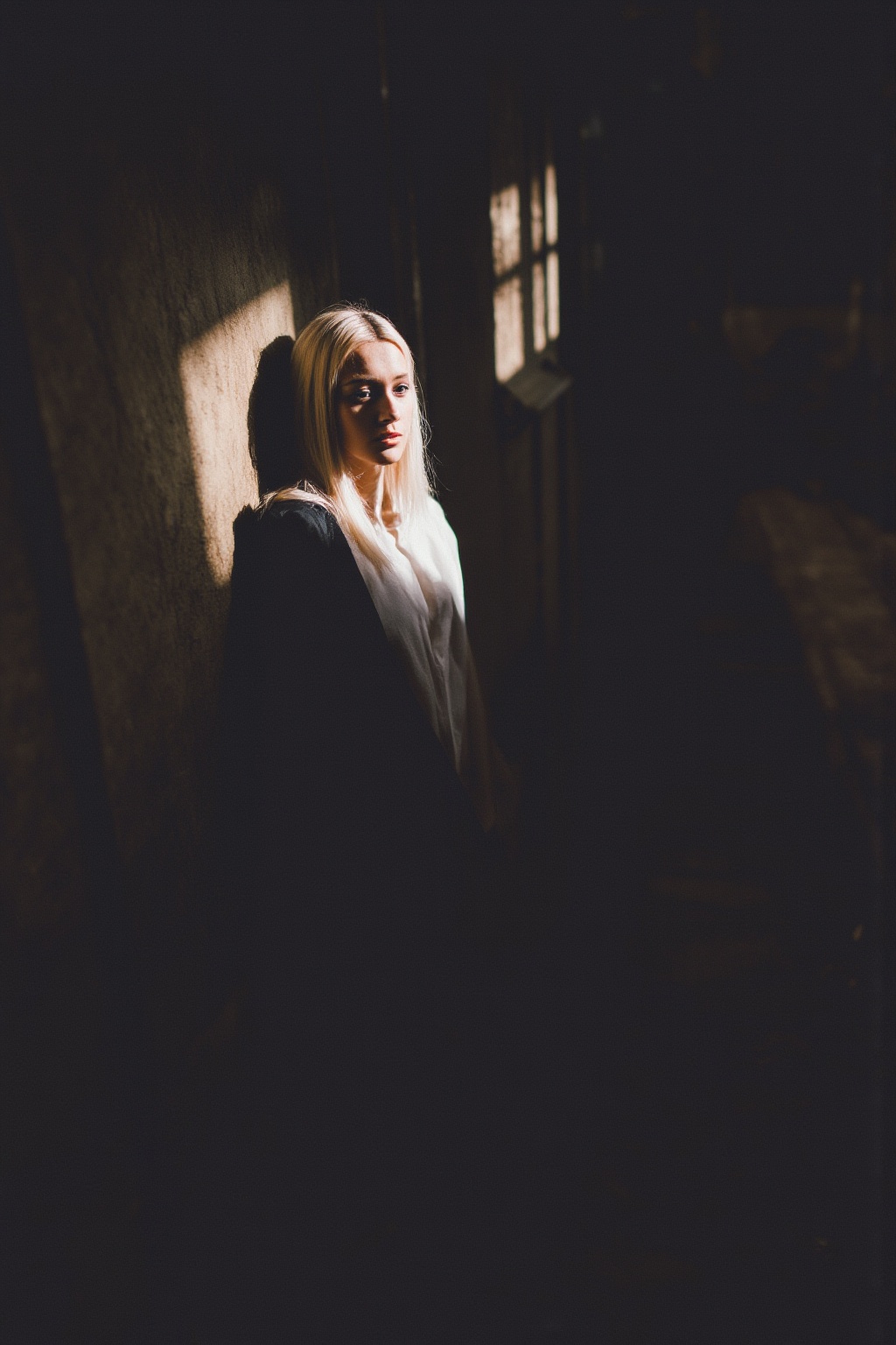 film grain,award winning photo,in the (dark:1.3),(deep shadow:1.3),creepy,scary,best quality,highres,ismail inceoglu,beautiful eyes,beautiful detailed face,1girl,beautiful woman,(white hair),(short hair),bob cut,((white leotard)),thighhighs,(large breasts),(narrow waist),wide hips,thick thighs,long legs,(detailed lips),(in a gothic castle),((moonlight)),light particles,intricate details,window in the background,dynamic angle,slight smile,(night:1.4),light master,