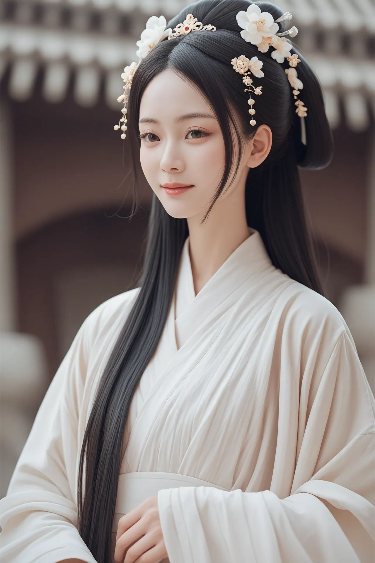 score_9,score_8_up,score_7_up,score_6_up,score_5_up,score_4_up,close-up,upper body,1girl,light smile,hanfu,wide sleeves,long sleeves,sleeves past fingers,hair ornament,long hair,Ancient architecture,