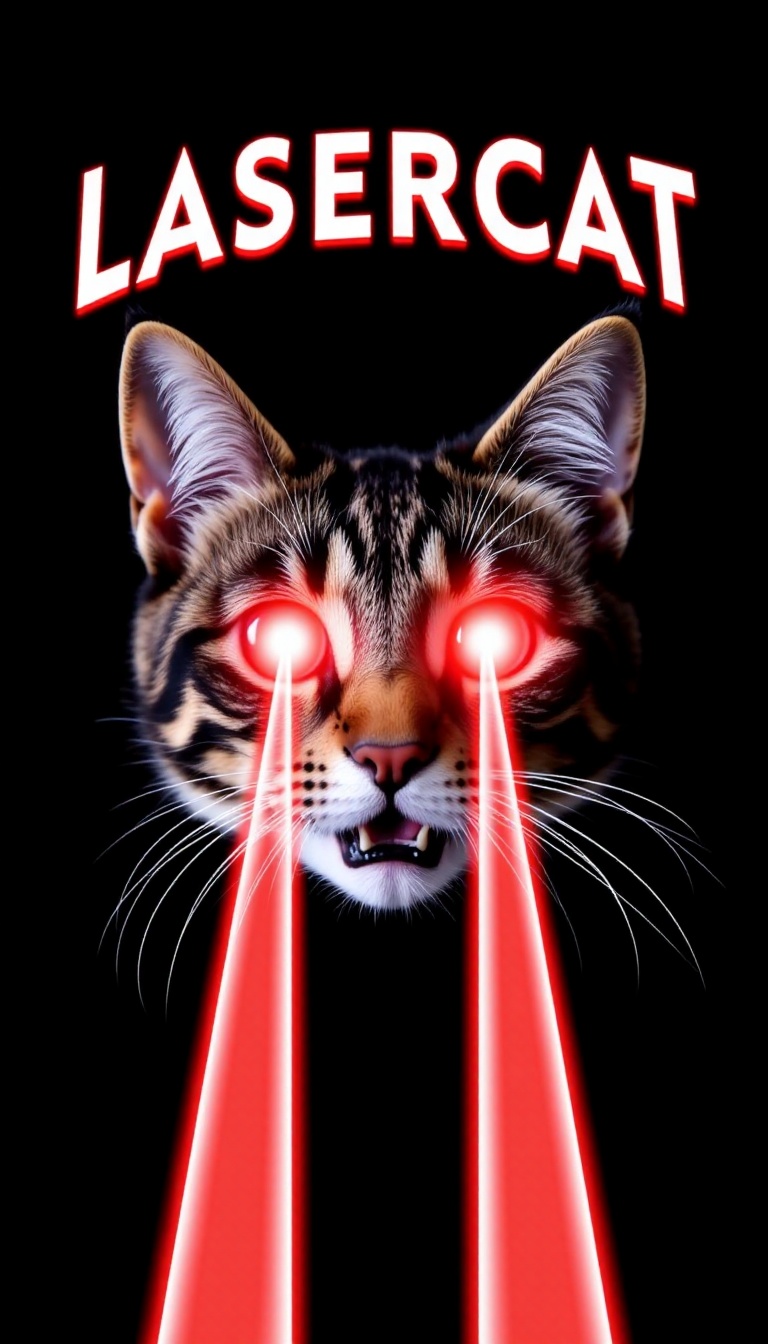 LASERCAT,  LASER CAT WITH RED PARALLEL LASER BEAMS COMING FROM ITS EYES,  TEXT ON TOP THAT SAYS "LASERCAT" on Tensor.Art