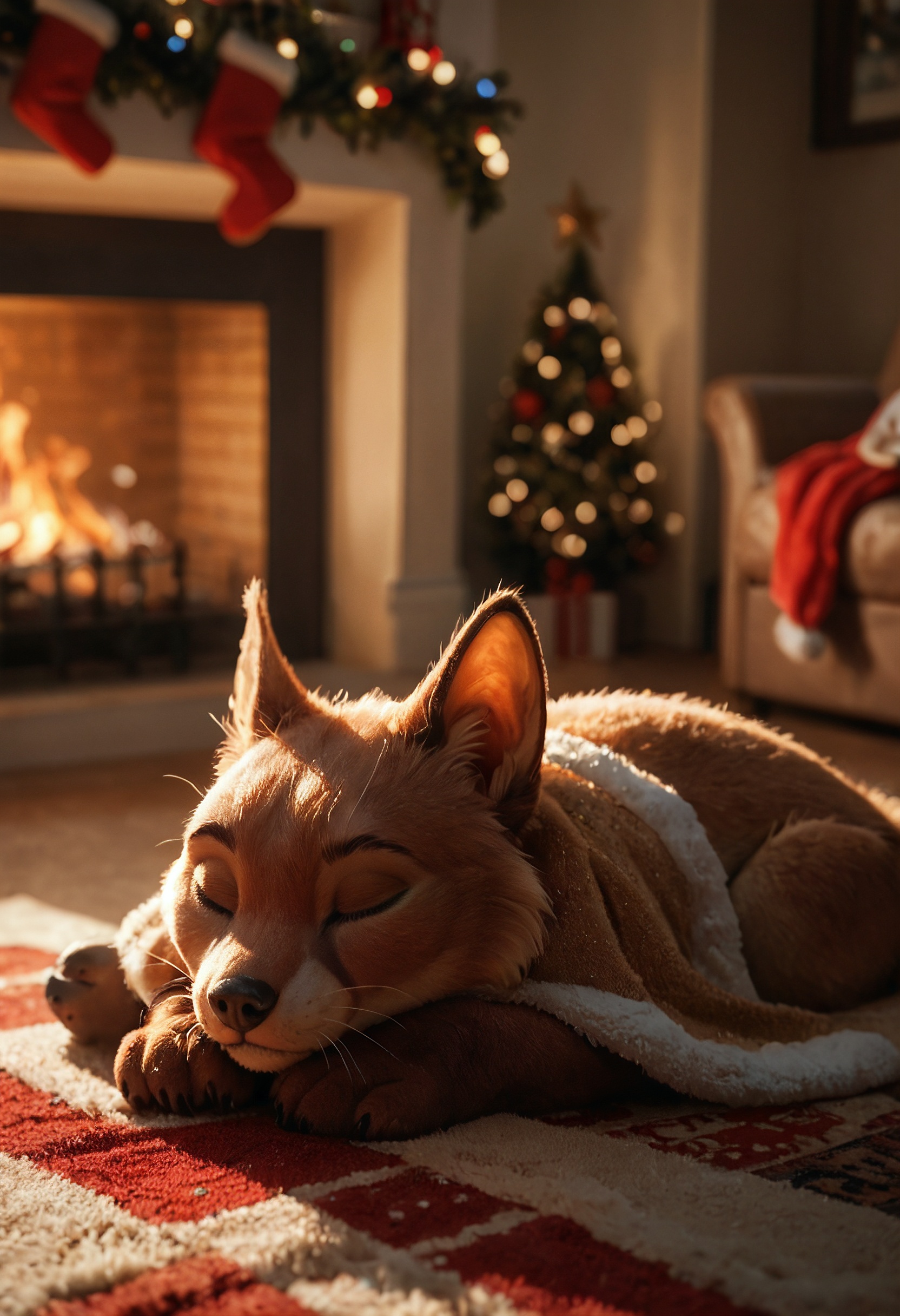 score_9, score_8_up, score_7_up, solo, furry, creature, cute, sleeping, next to a fireplace, interior, winter, christmas, depth of field, highly detailed, high contrast, film grain, Rim Lighting