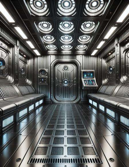 A high-resolution,  realistic photo of a futuristic detention cell inside a massive spaceship,  inspired by the Star Wars...