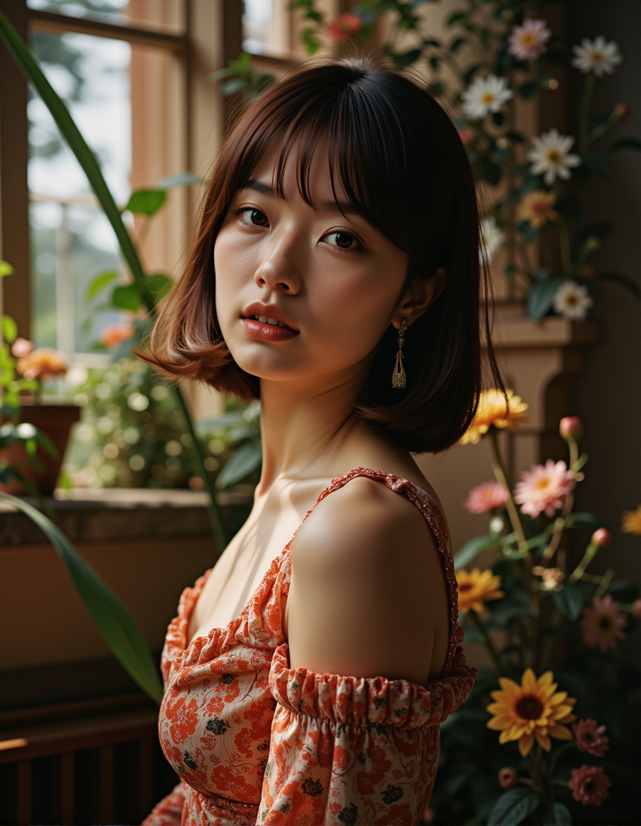 A gorgeous woman with shoulder-length maroon hair and stylish bangs. The intricate details of her outfit and the mesmerizi...