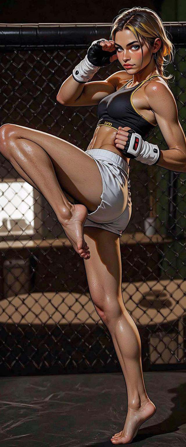 a fit,  athletic woman in a mixed martial arts (MMA) training session. She is captured mid-kick,  with her right leg raise...