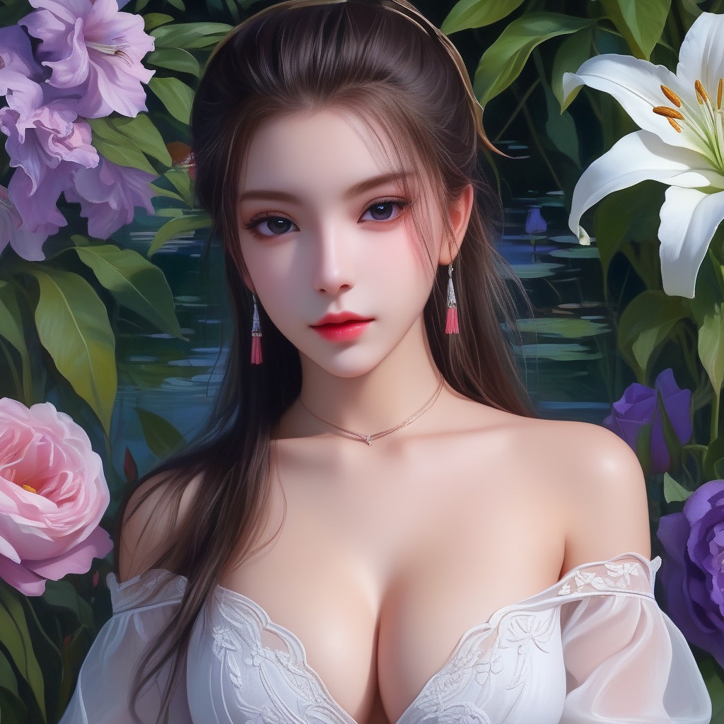 <lora:832-DA-XL-少年白马醉春风-晏琉璃-白衣:0.8>, (,1girl, ,best quality, ),,  ,ultra detailed 8k cg,ultra realistic 8k cg,1girl, solo,(bare shoulders:0.85),(masterpiece, best quality),((oil painting style)),sexy young lady,(beautiful face and eyes),(upper body:1.5),(whole body:1.05),(single person:1.2),surrounded by flowers, (lily), roses, floret, vegetation, white, purple, purplish pink,Impressionism,colorful,(Breast size:1.3),(cleavage),,