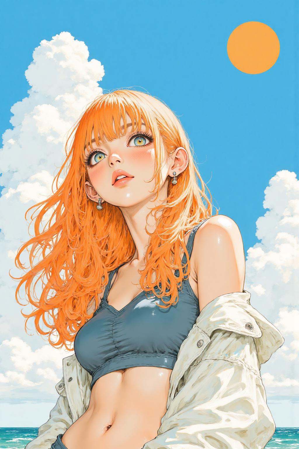 nijiwatercolor2 anime illustration.A young woman is standing on a beach. She has long,  flowing orange hair and is wearing...