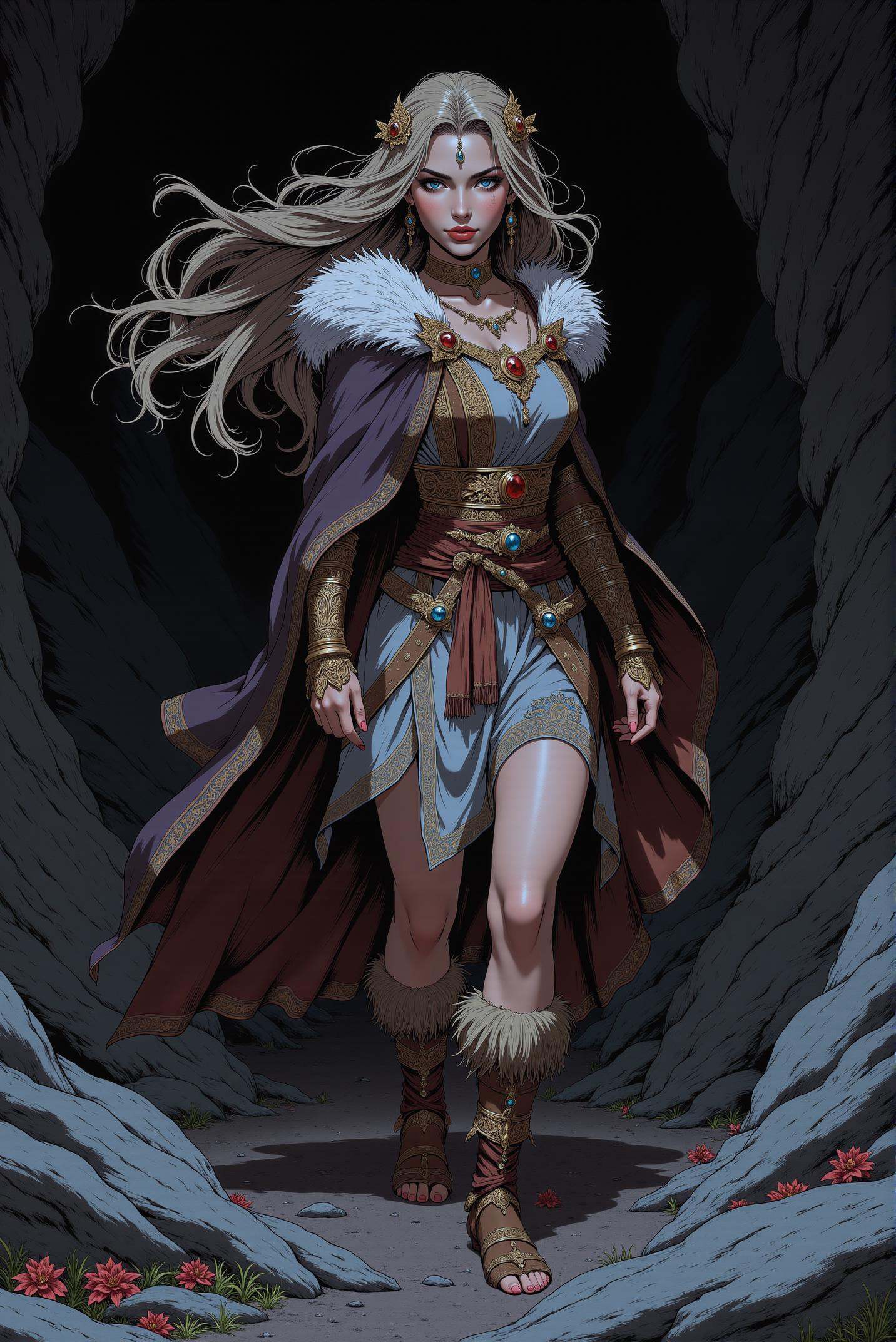 This stunning image features a graceful warrior in a very dark and dim environment. A charming and mysterious sorceress cr...