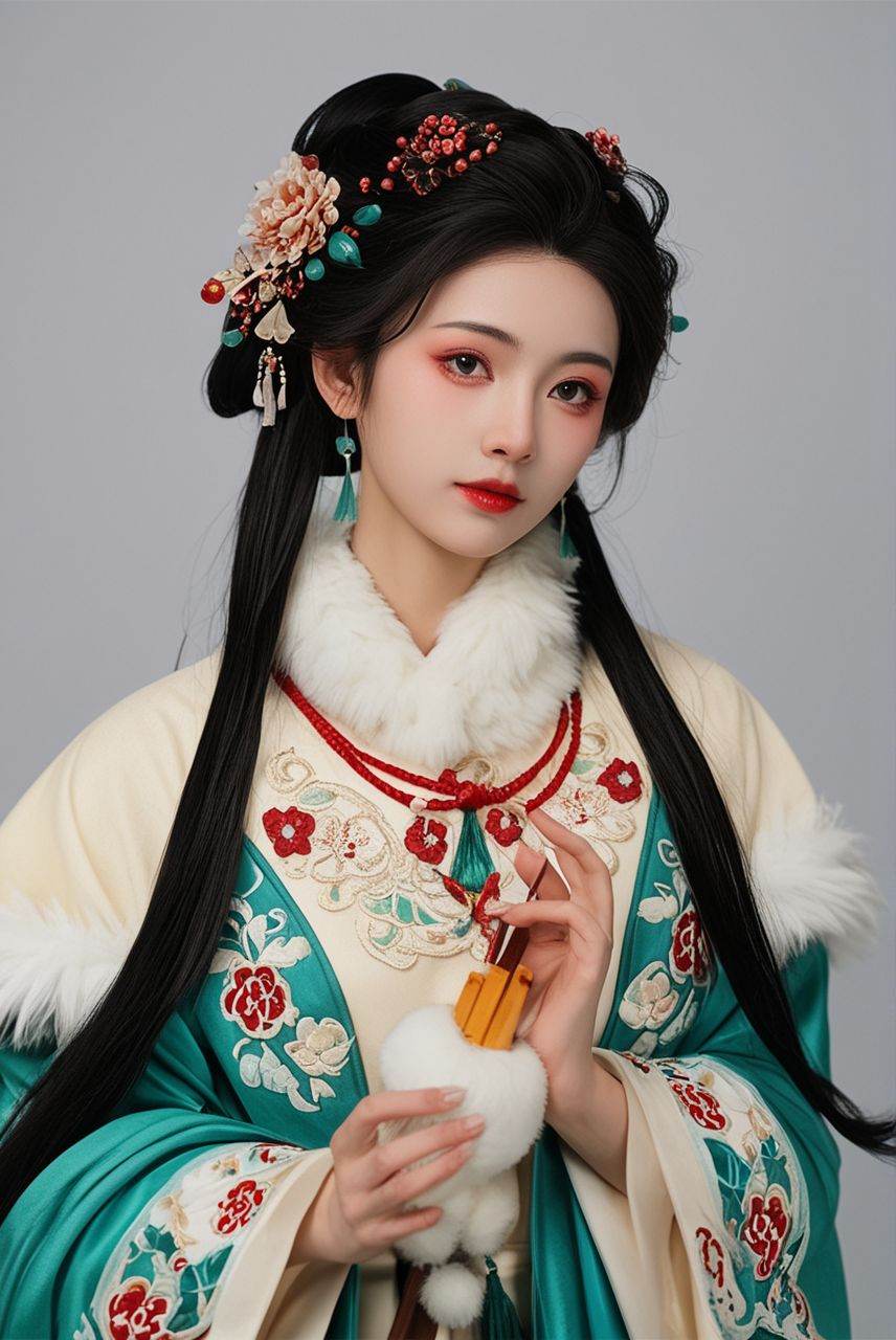 score_9,score_8_up,score_7_up,score_6_up,score_5_up,score_4_up,Huqiu: A figure draped in traditional Chinese attire,her garment a symphony of emerald and cream,embroidered with floral motifs and framed by a luxurious white fur trim. In her hands,she cradles a small,intricately designed censer,an artifact of ancient Chinese culture,its smoke curling gently upwards.,