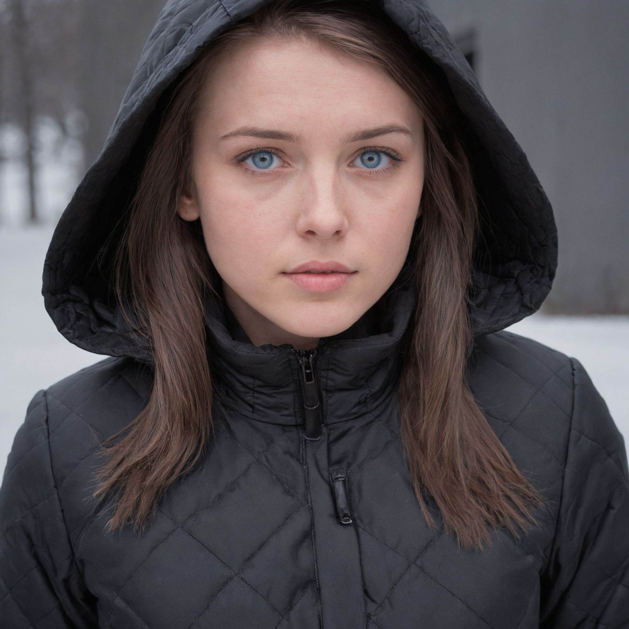 close up photo of a woman with straight brown hair,  blue eyes,  and a fair complexion. She is wearing a black quilted win...