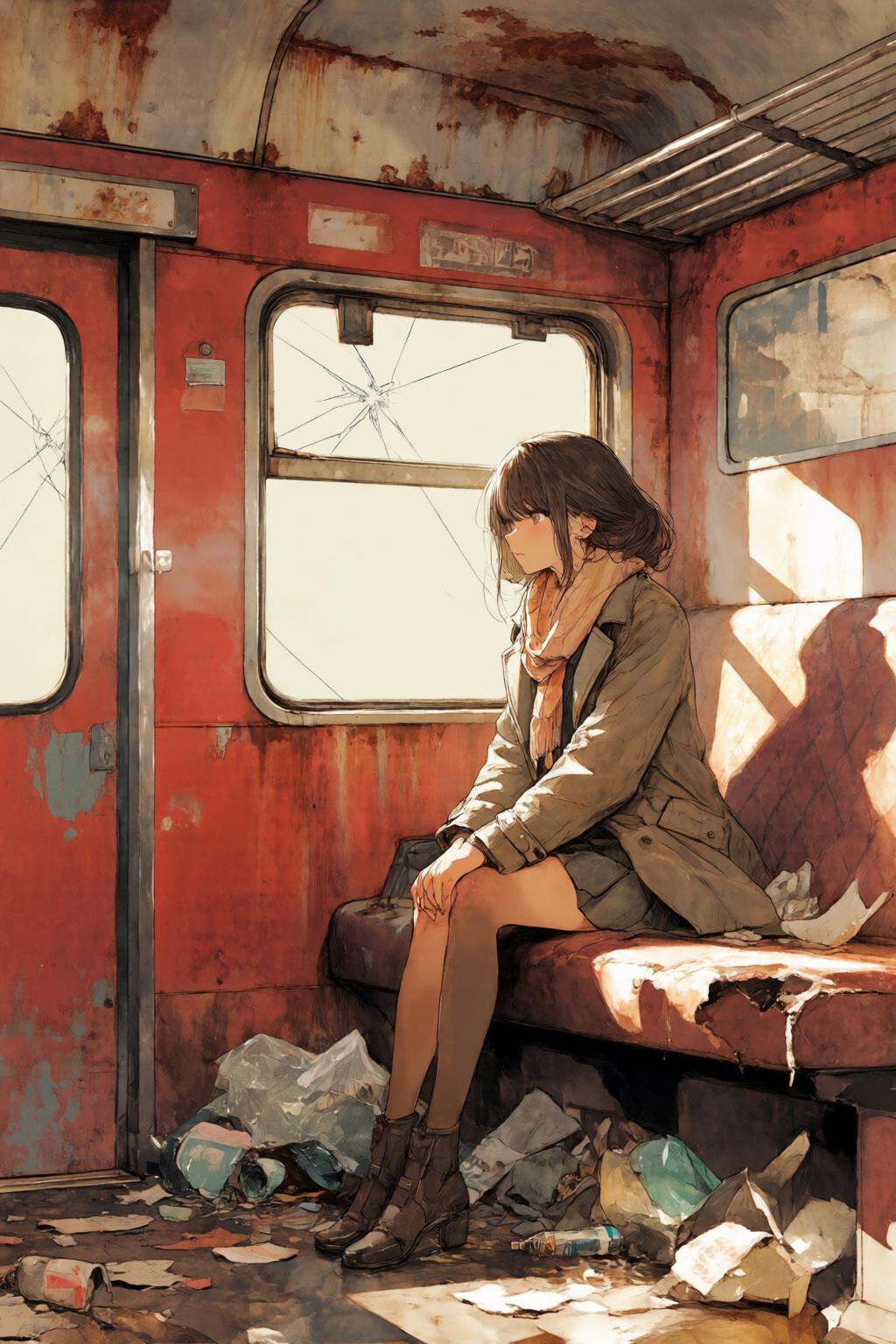 nijiwatercolor1q anime illustration. A girl,  shown in 3/4 view,  is sitting in a dilapidated train car. The train's red i...