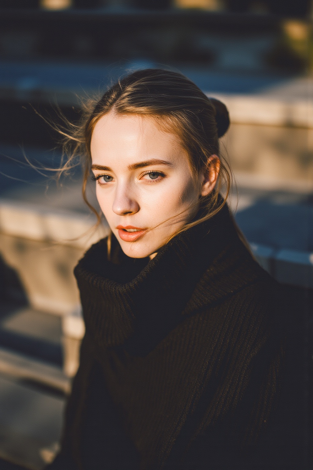 film grain,a 16-year-old girl,n,bokeh,motion blur,(facula:1.4),teeth,an adoring expression,be shy,blush,model,female model,beautiful face,upper_body,chignon,stage,(masterpiece:1.2, best quality),blurry,glow,strap_slip,light master,