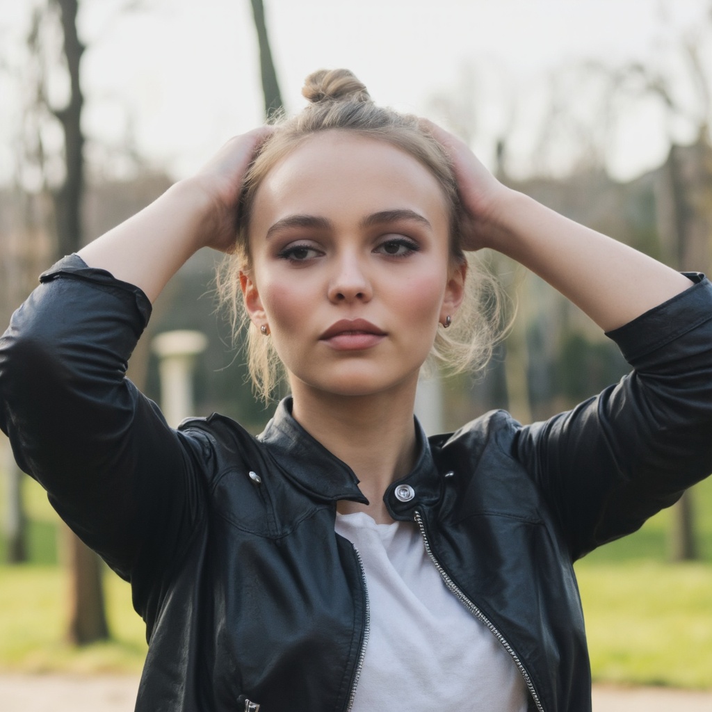 A portrait of lily_depp outdoors,  captured in a candid moment. She wears a white shirt and a black leather jacket with si...