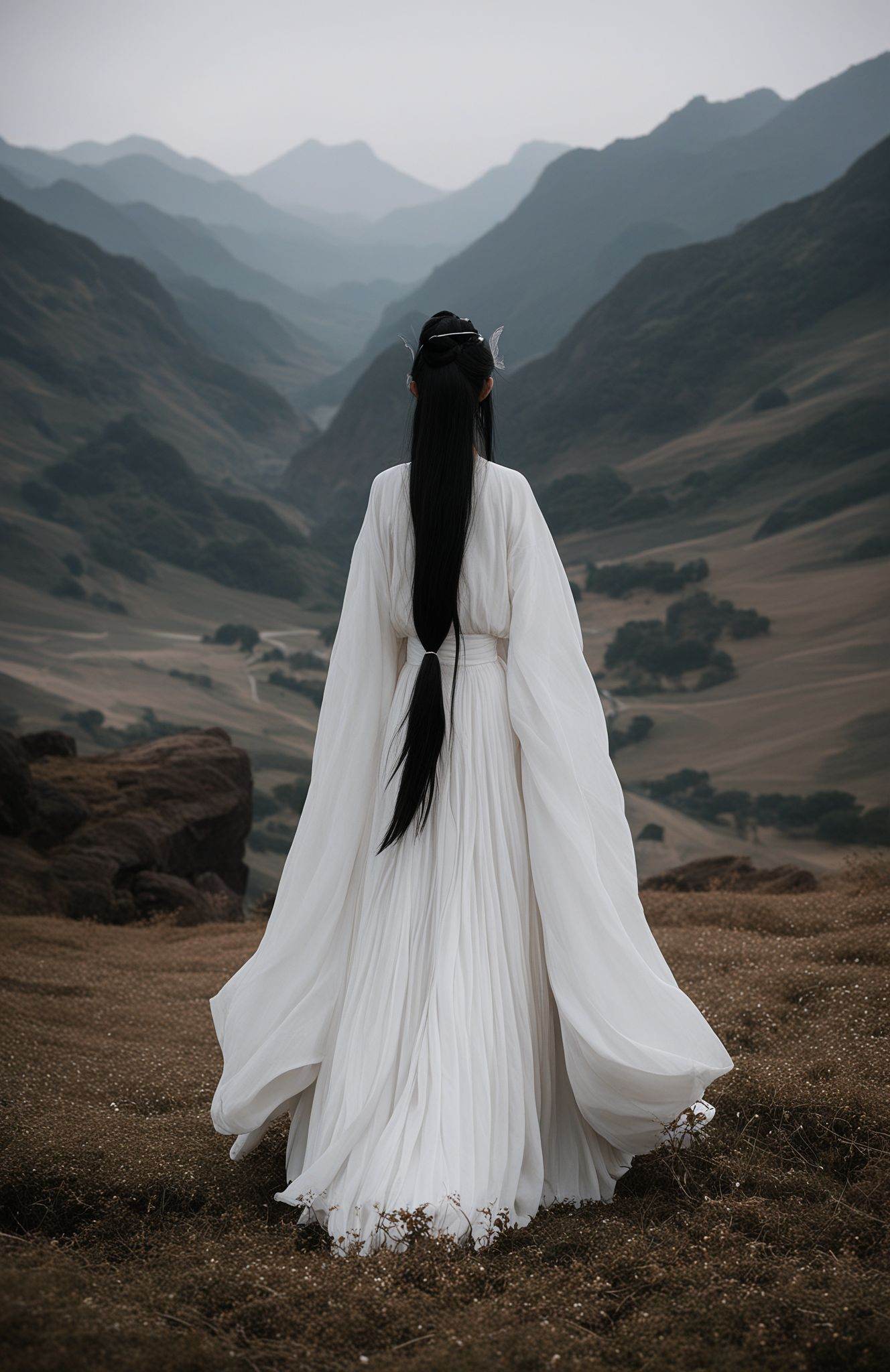 score_9,score_8_up,score_7_up,score_6_up,score_5_up,hanfu, A Chinese girl in pure white Hanfu, straight back, graceful posture, revealing a heroic spirit, she stands in the scene of heroes fighting mysterious creatures, like a calm landscape
