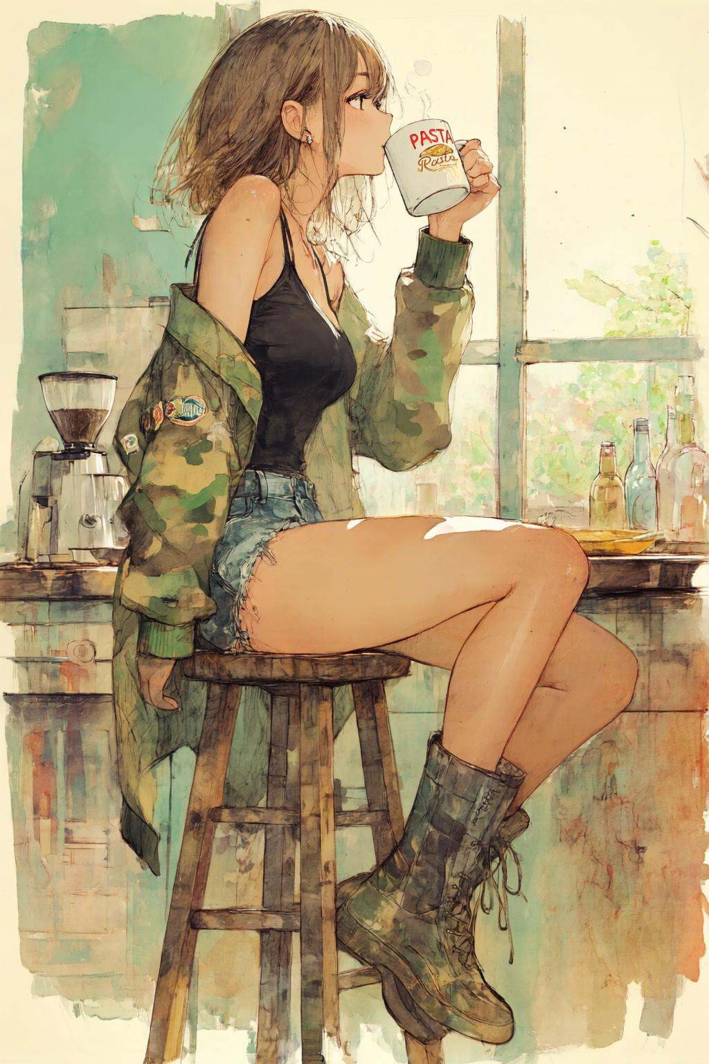 nijiwatercolor1q anime illustration. A young woman,  shown in side profile,  is sitting on a wooden stool in a messy kitch...