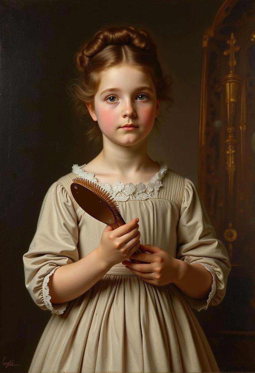 Portrait of a noble young girl holding a hand mirror and hair brush in the style of william bouguereau,  vintage portrait...