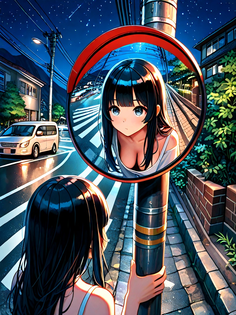 convex mirror,  traffic mirror,  utility pole on Tensor.Art