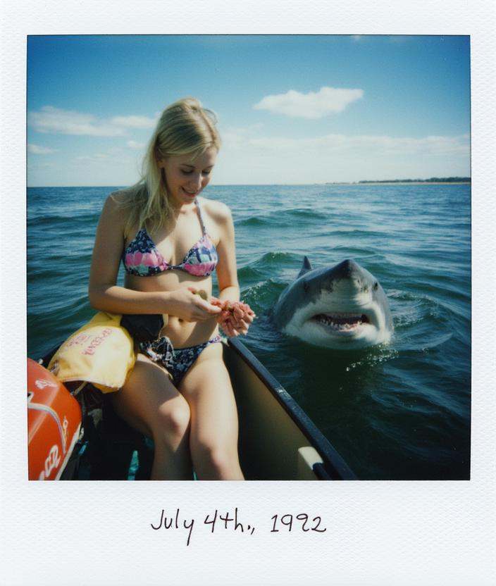 Polaroid of a blond woman in a bikini feeding snacks to a great white from the safety of her canoe. Hand written on the bo...