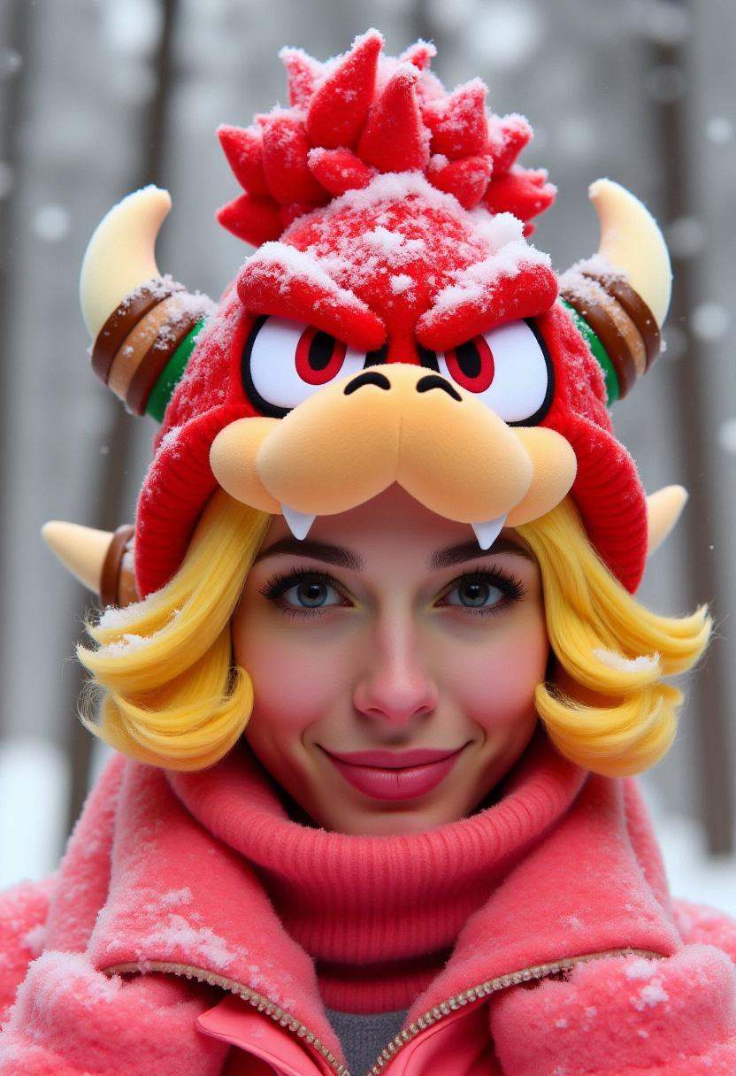 The image is a photograph featuring Princess Peach outside in a snowstorm. She is wearing a bright red,  plush hat adorned...