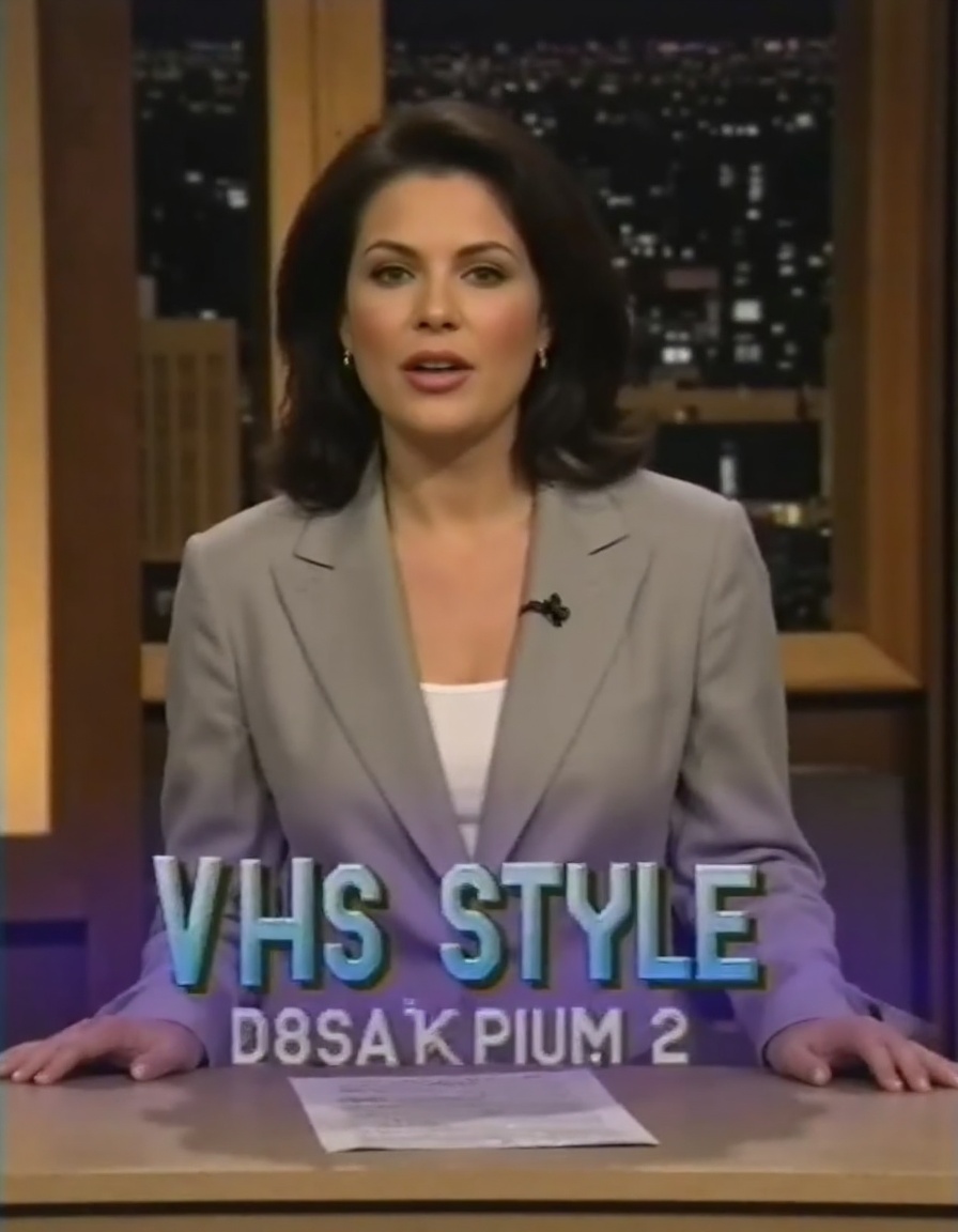 vhslora,  this image features a tv-host presenting a new product with Text saying:"VHS Style Version 3 with TAGs and Capti...