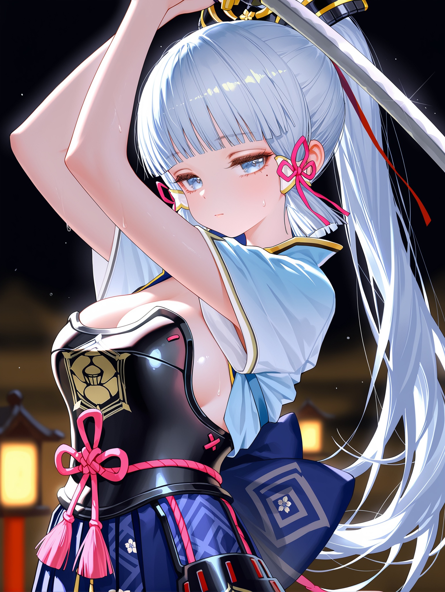 1girl, kamisato ayaka, (fkey:0.5), (fuzichoco:0.6), artist:ningen mame, artist:sho, sho lwlw, (artist:rhasta:0.9), (artist:wlop:0.7), (artist:ke-ta:0.6), artist:chen bin, (artist:hyouuma:0.8), offical art, solo, weapon, sword, long hair, holding, holding weapon, japanese clothes, holding sword, ponytail, white kimono, closed mouth, looking at viewer, arms up, blunt bangs, ribbon, blunt tresses, hakama, katana, hair ribbon, short sleeves, mole, sidelocks, black background, tress ribbon, mole under eye, blue eyes, kimono, breasts, large breasts, sweat, blurry, half-closed eyes, shiny skin, blurry background, bottomle,,masterpiece,best quality,amazing quality,