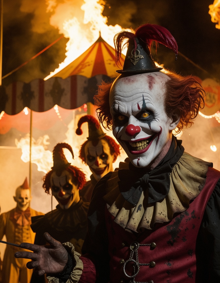 Infernal Carnival,  hellish circus at midnight,  demonic clowns with smoldering eyes and tattered velvet suits on Tensor.Art