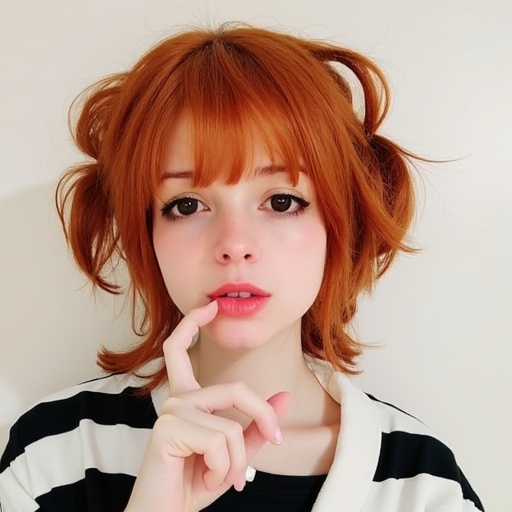 edgy touch to her look. She has on black and white striped,  tousled manner. They have a playful,  tousled brown hair with...