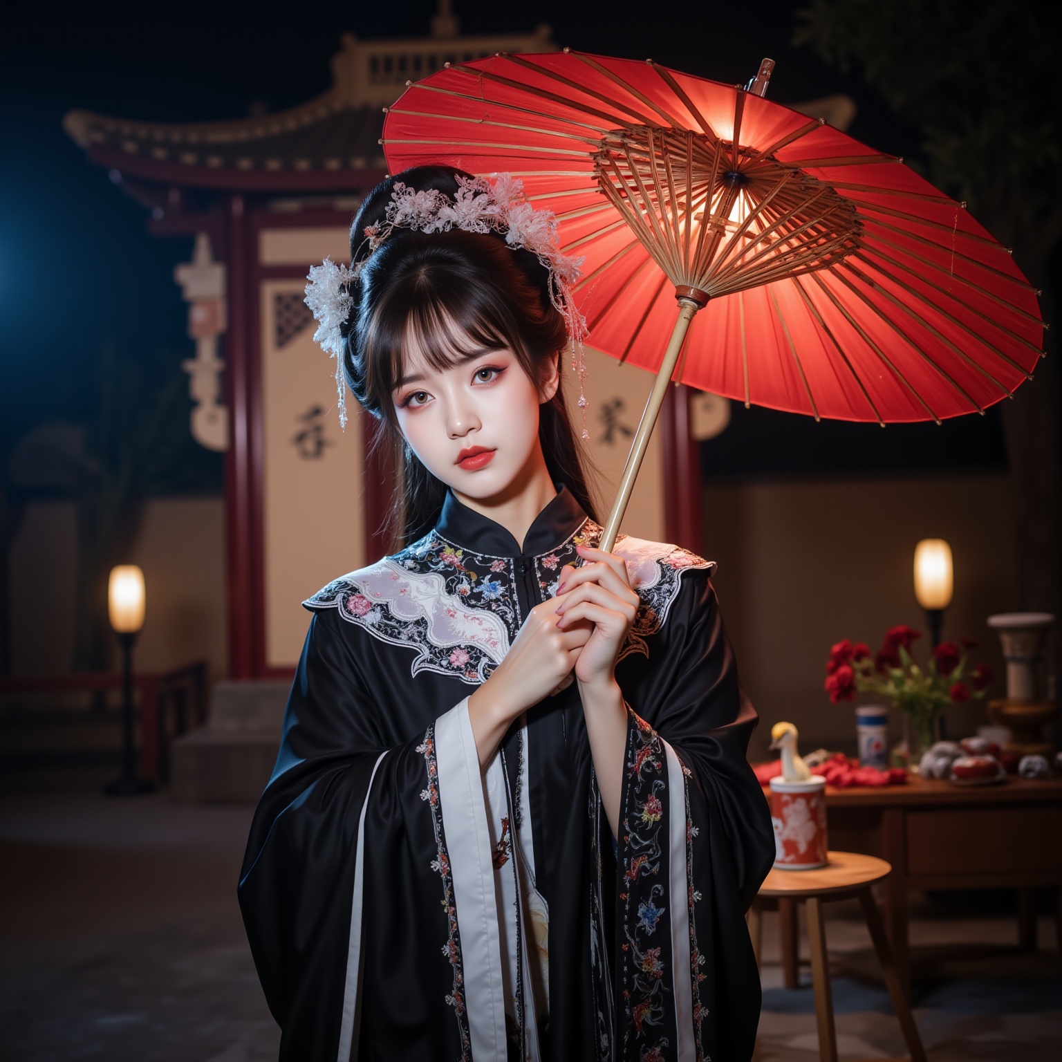 Cosplay, traditional Chinese attire, elaborate black and white robe with intricate embroidery, elaborate hat with lace, holding a red paper umbrella, dramatic lighting, ancient architecture in the background, night setting, serene and elegant mood, low-angle shot, vibrant colors, intricate details, cultural and historical ambiance.