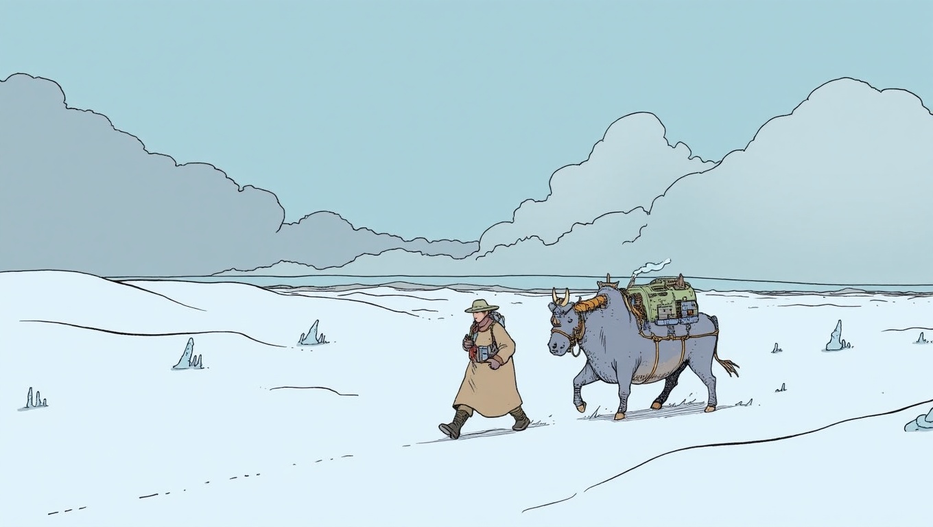 cartoon moebius illustration in mb artstyle of a windswept arctic plateau beneath an overcast sky during mid-morning,  wit...