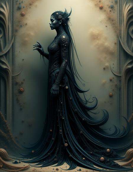 A solitary female ral-frctlgmtry figure, swathed in an impeccably rendered panoply of dark, painterly hues, stands against an ethereal, texturally rich backdrop<lora:ral-frctlgmtry_flux:1>