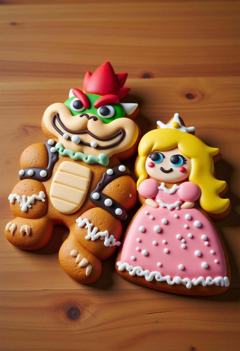 This is a photograph of a intricately decorated gingerbread Bowser and Princess Peach,  placed flat on a wooden surface. o...