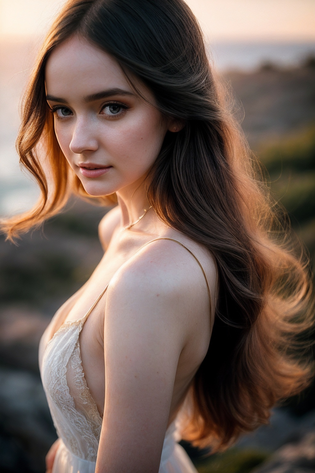 HazelM_SoloTI_v1,  (In a flowing,  ethereal dress with soft on Tensor.Art
