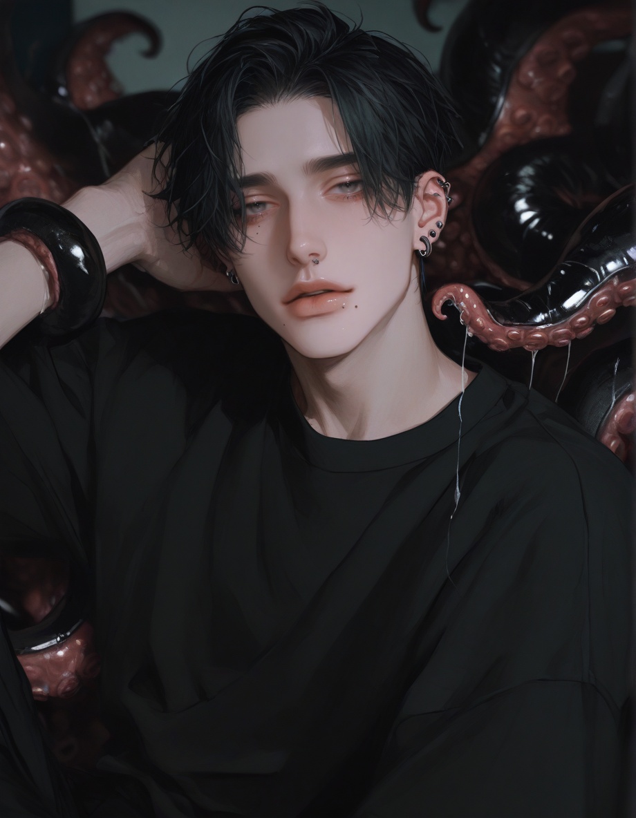 1boy,  black_hair,  ear_piercing on Tensor.Art