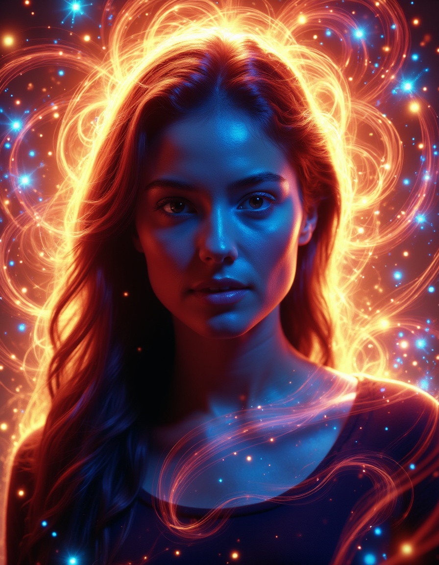 auralora,  the image features a woman with long hair. She has a determined expression on her face and is surrounded by a h...