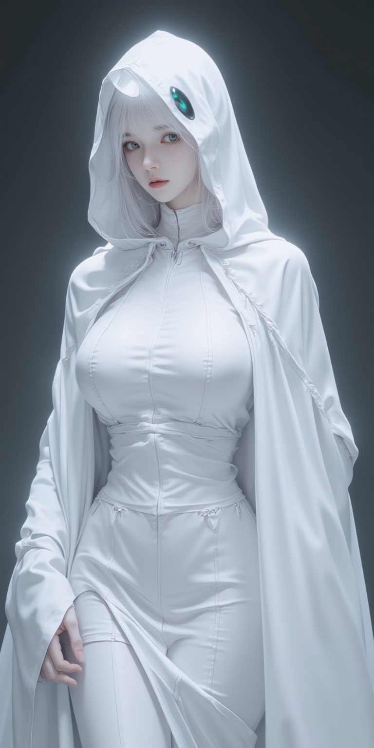 (masterpiece, best quality:1.4),finely detailed,1girl,solo,pale skin,perfect body,standing,(gigantic breasts:1.2),,killer,(white semi-transparent ghost hood),white dress,white tight-fitting dress,black or dark green oval eyes on the hood,ghost,ghost costume,(large white ghost cape),(white cape covering the entire body:1.2),(cowboy_shot:1.3),