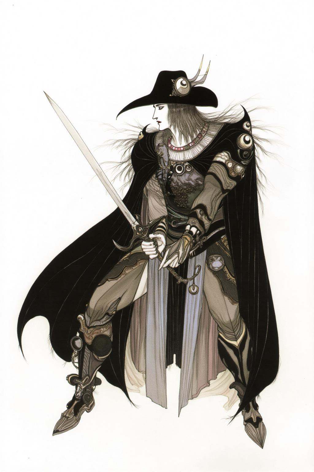 amayo illustration.A man standing in a dramatic,  slightly angled pose. He is dressed in elaborate,  ornate armor and atti...