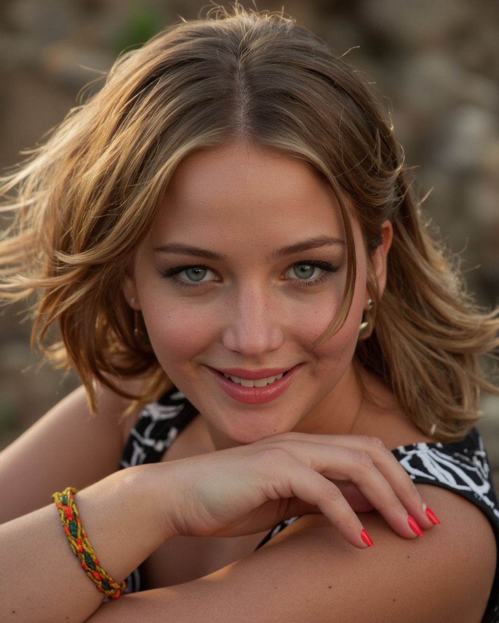 a close-up,  intimate portrait of jennifer_lawrence with light brown,  slightly wavy hair that falls naturally over her sh...