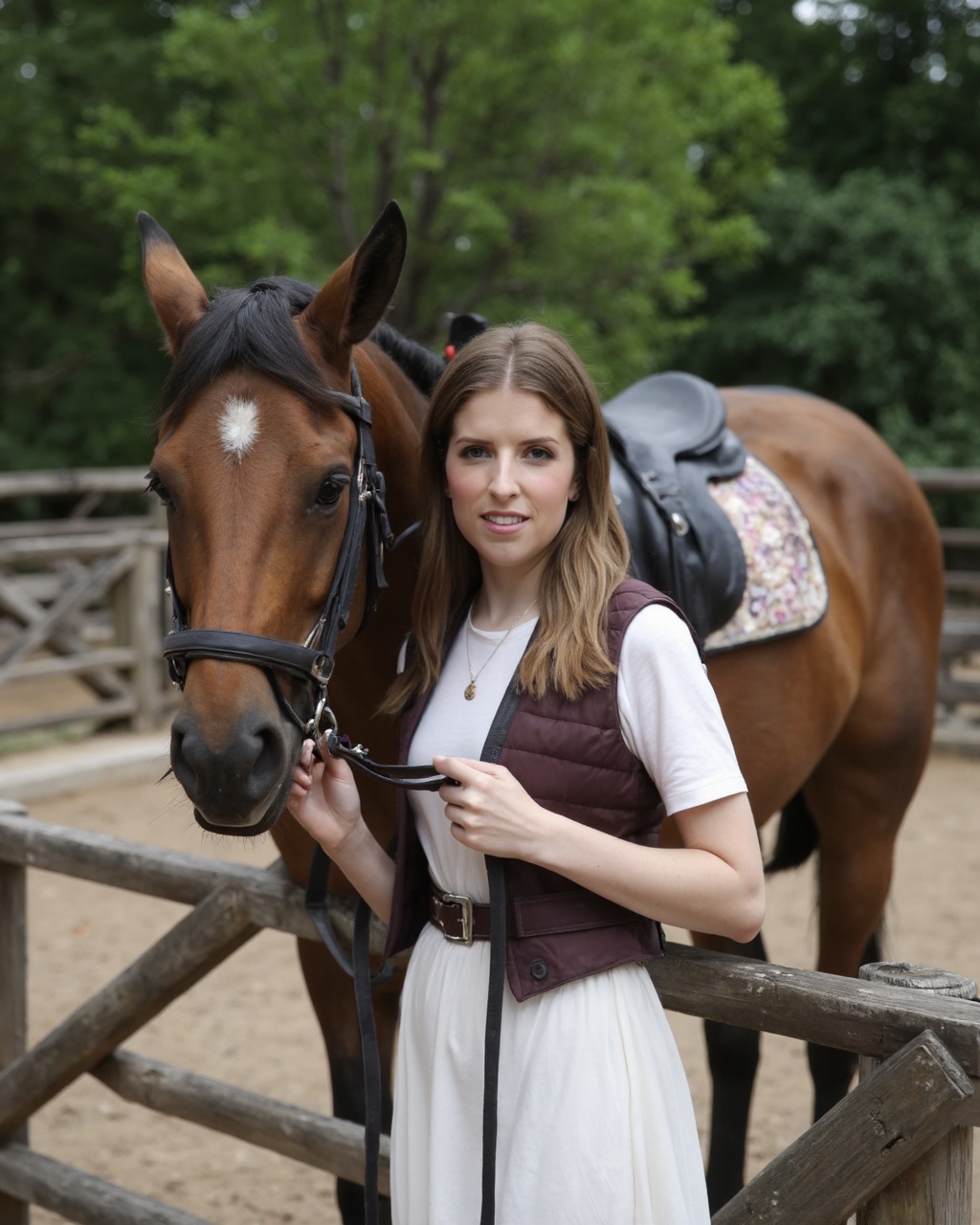 A portrait of anna_kendrick in a white dress and brown vest,  leaning against a wooden fence. She holds the reins of a che...