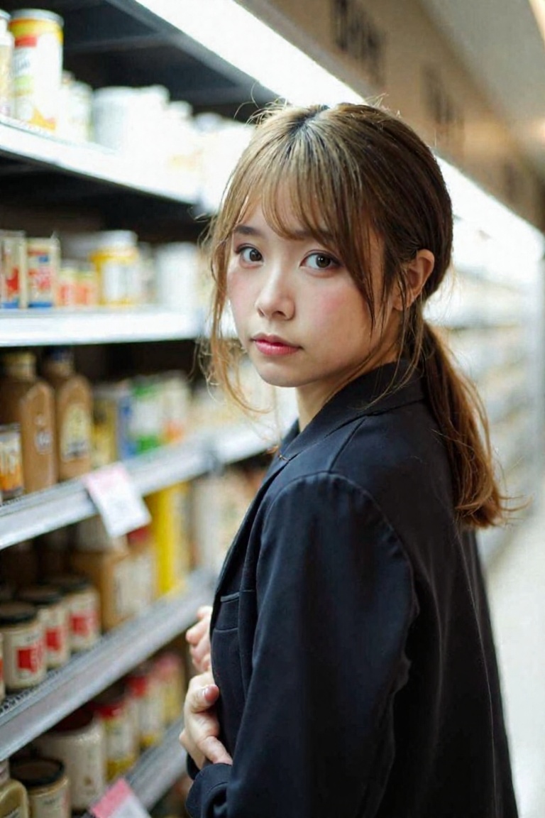 A sharp photograph captures a young woman named l1yuu with medium-length,  light brown hair pulled back into a low ponytai...