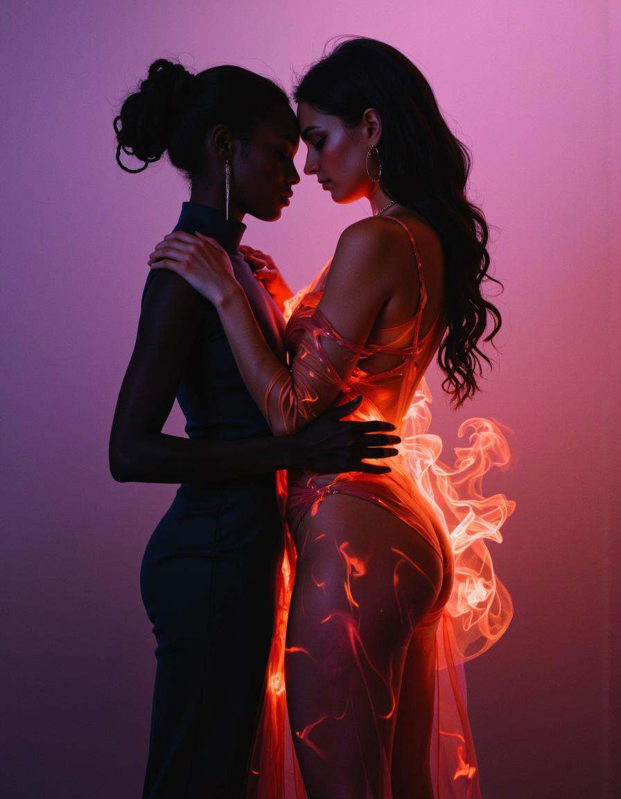 A detailed cinematic dark photograph featuring two figures standing closely together against a gradient background that tr...