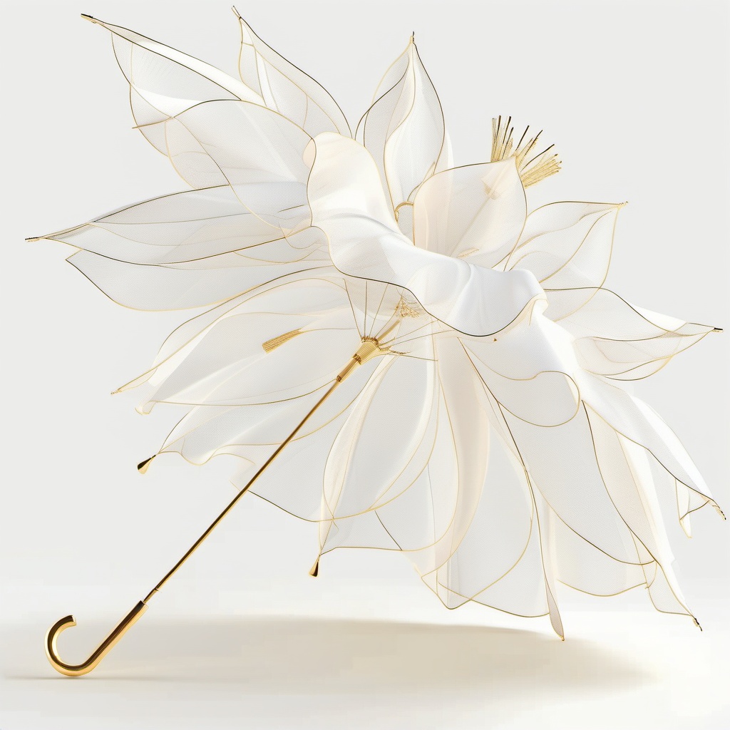 san, umbrella,A fancy, see-through white parasol flaunts its intricate, petal-like design with gold outlines. The handle is a sleek, gold metal hook. The background is a soft, gradient light grey, making the parasol look elegant and classy. The whole setup screams delicate and posh.,<lora:sanv1:0.8>
