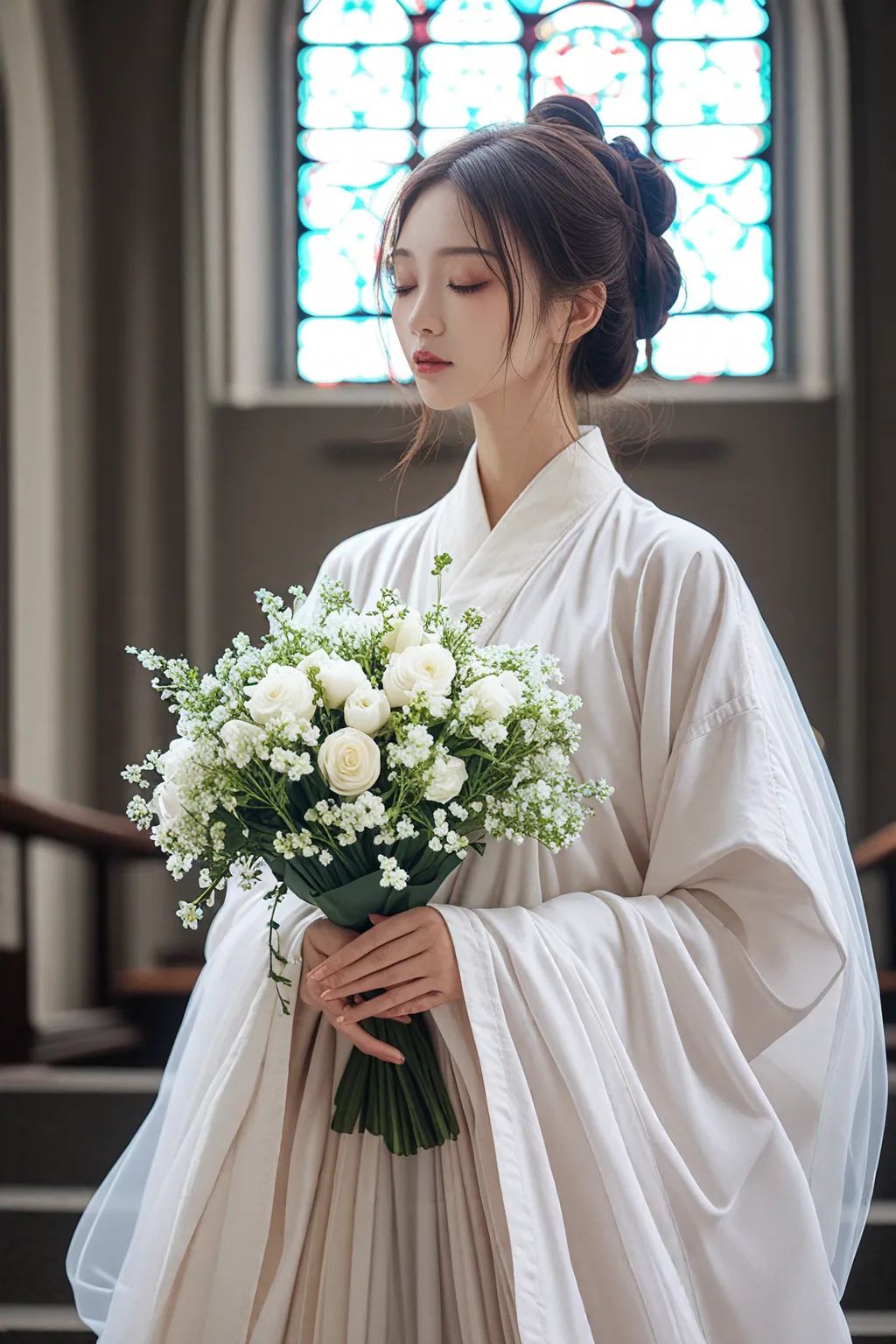 score_9,score_8_up,score_7_up,score_6_up,score_5_up,hanfu,wide sleeves,long sleeves,sleeves past fingers,(Church:1.2),glittering gold,bouquet,shallow depth of field,